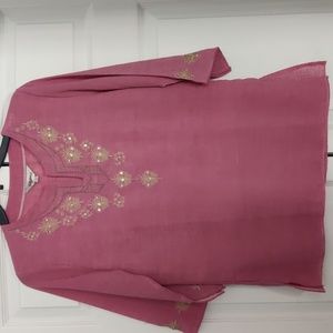 Kurta Top/Tunic, small, pink with embroidery, three quarter sleeves